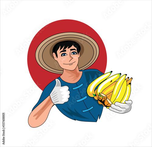Asian man farmer wears a hat, blue shirt, and white gloves, and holds ripe yellow bananas
