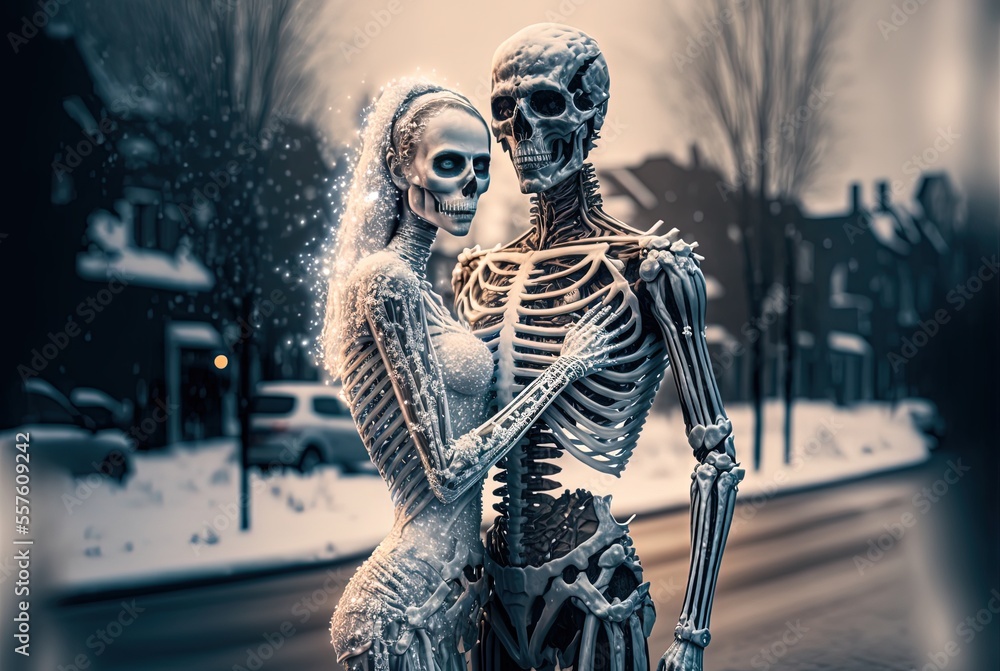 illustration in them of eternal love groom and bride skeletons cuddle romantic scene with urban townscape in winter season, cold freezing snow fall as background - obrazy, fototapety, plakaty 