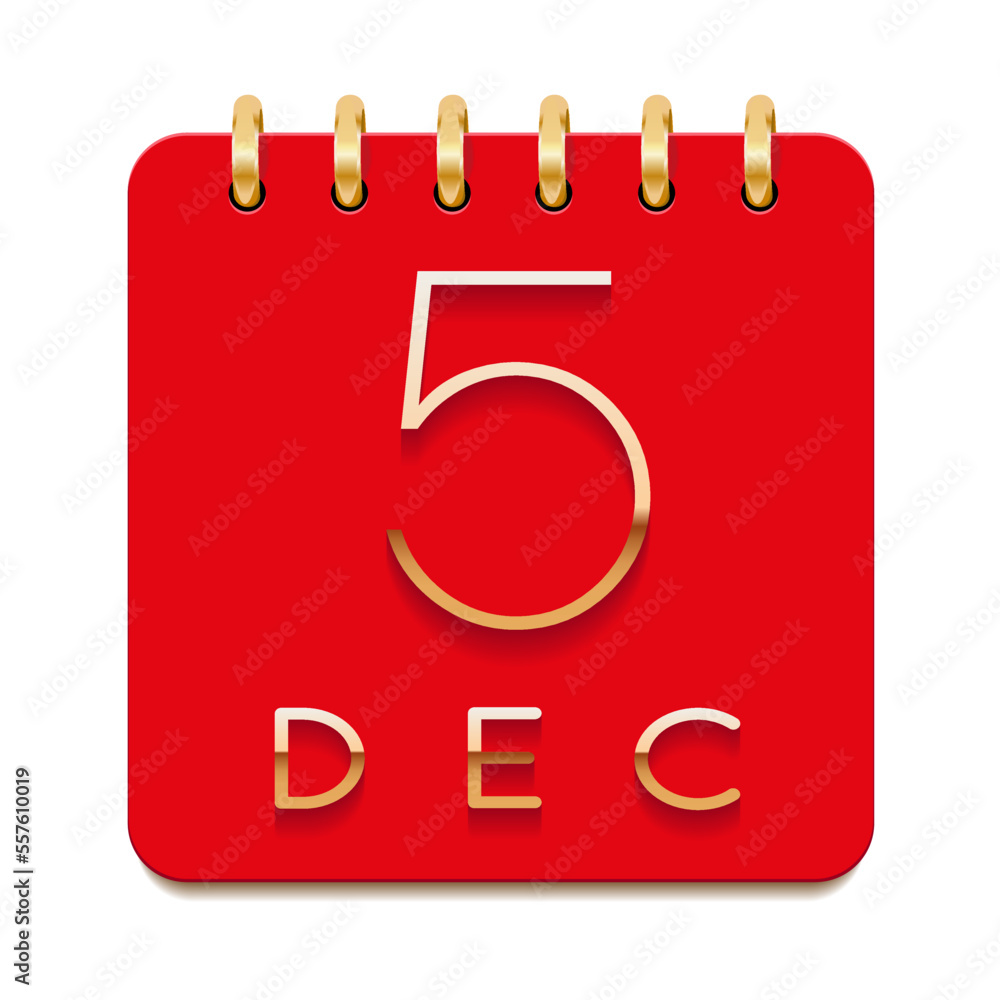 5 day of the month. December. Luxury calendar daily icon. Date day week Sunday, Monday, Tuesday, Wednesday, Thursday, Friday, Saturday. Gold text. Red paper. Vector illustration. 5 day of the month. December. Luxury calendar daily icon. Date day week Sunday, Monday, Tuesday, Wednesday, Thursday, Friday, Saturday. Gold text. Red paper. Vector illustration.