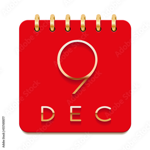 9 day of the month. December. Luxury calendar daily icon. Date day week Sunday, Monday, Tuesday, Wednesday, Thursday, Friday, Saturday. Gold text. Red paper. Vector illustration.