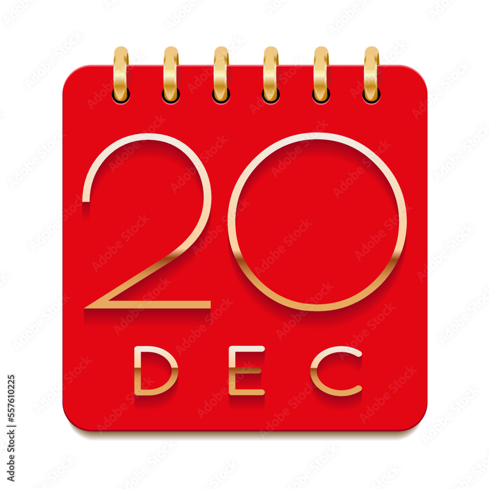 20 day of the month. December. Luxury calendar daily icon. Date day week Sunday, Monday, Tuesday, Wednesday, Thursday, Friday, Saturday. Gold text. Red paper. Vector illustration. 20 day of the month. December. Luxury calendar daily icon. Date day week Sunday, Monday, Tuesday, Wednesday, Thursday, Friday, Saturday. Gold text. Red paper. Vector illustration.