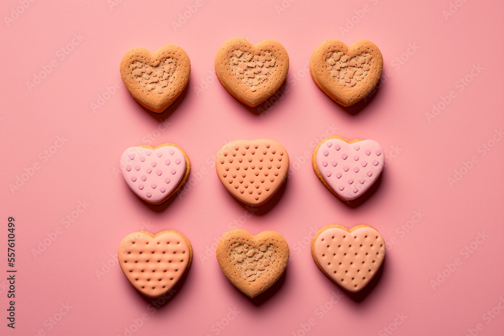 heart-shaped sugar cookies organized in a square on a pink backdrop made by generative ai heart-shaped sugar cookies organized in a square on a pink backdrop made by generative ai