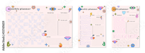 Vector daily,weekly,monthly planners templates with y2k patches,icons and emblems.Organizer and schedule with place for notes; goals and to do list.Trendy layouts in 90s groovy aesthetic.