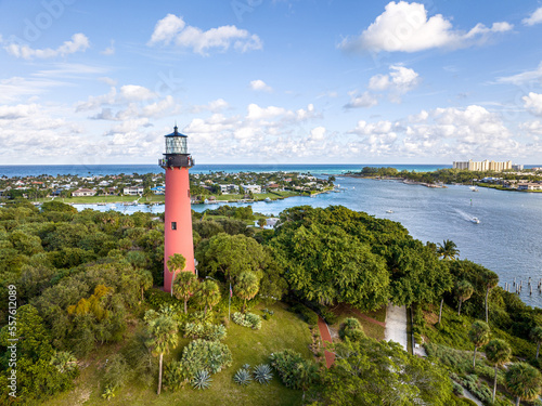 Aerial view of Jupiter Inlet lighthouse, located on the east coast of Florida, USA