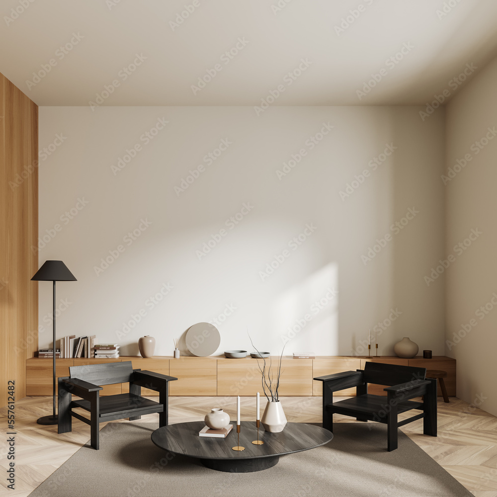 Naklejka premium Light chill interior with seats and drawer with decoration. Mockup empty wall