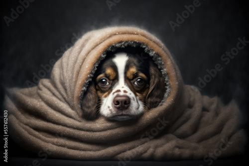 Portrait of a cute dog freezing cold under a cozy blanket, ai generative technology, © NAITZTOYA