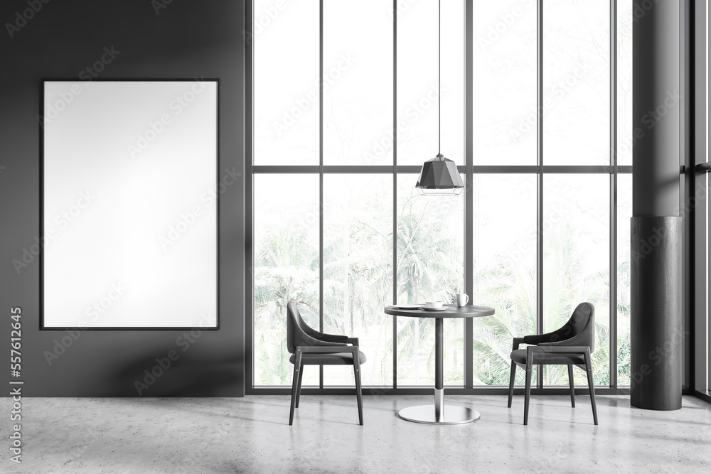 Fototapeta premium Front view on dark cafe interior with empty white poster