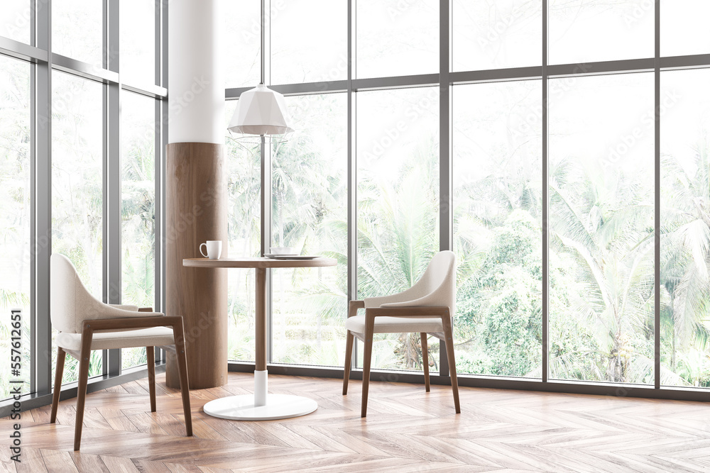 Fototapeta premium Bright cafe interior with panoramic windows with countryside view