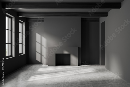 Grey empty studio apartment and fireplace, panoramic window