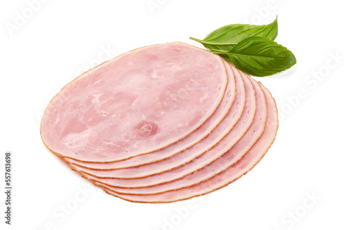 Sliced boiled ham, isolated on white background