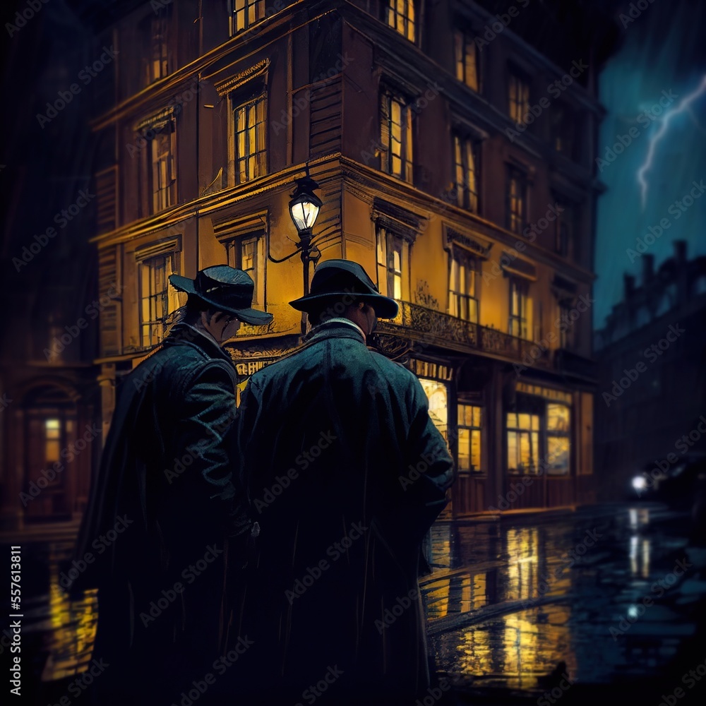 Two men in rainy city