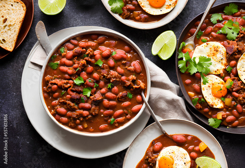 Fotografia cooked pinto beans, a delicious mexican cowboy stew of beans with ground beef an