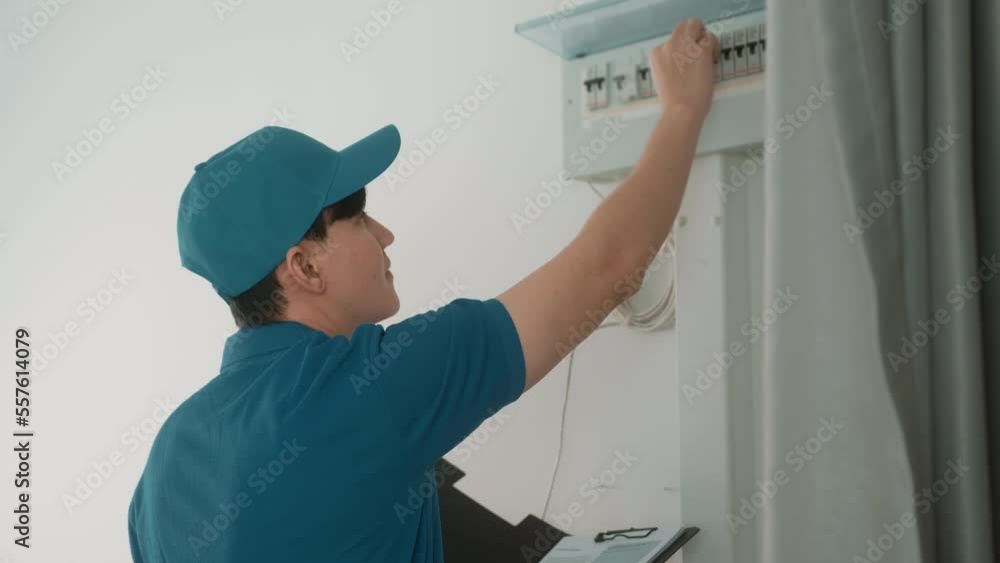 An Asian young Technician service man wearing blue uniform checking electrical appliances in home An Asian young Technician service man wearing blue uniform checking electrical appliances in home