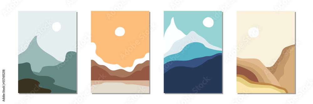 Trendy minimalist abstract landscape vector illustrations. Set of contemporary artistic posters. Minimalist vector