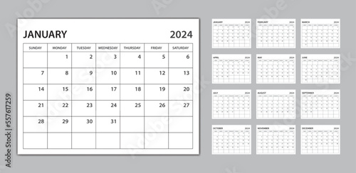 Monthly calendar template for 2024 year, planner 2024 template, Week Starts on sunday, wall calendar 2024 year, planner minimal design, Set of 12 Months, desk calendar design, organizer stationery
