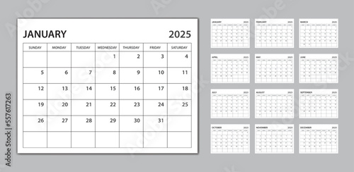 Monthly calendar template for 2025 year, planner 2025 template, Week Starts on sunday, wall calendar 2025 year, planner minimal design, Set of 12 Months, desk calendar design, organizer stationery