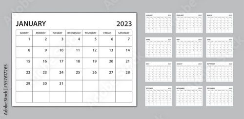 Monthly calendar template for 2023 year, planner 2023 template, Week Starts on sunday, wall calendar 2023 year, planner minimal design, Set of 12 Months, desk calendar design, organizer stationery