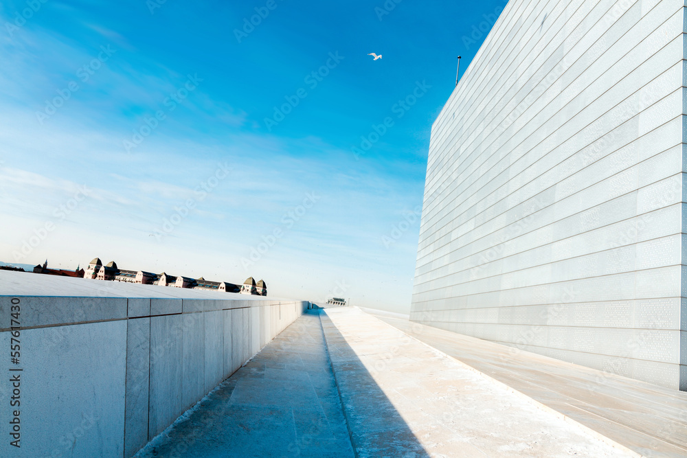 View of the walkway up to the rooftop of the Opera House in Oslo, Norway.
