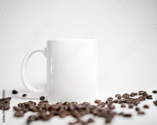 11oz White Coffee Mug Mockup Handle Left with Coffee Beans