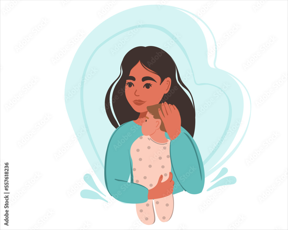 Young happy woman holding a baby in her arms. Motherhood. Flat vector illustration Young happy woman holding a baby in her arms. Motherhood. Flat vector illustration