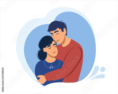 Happy and romantic man hugging a woman. Young married couple spend time happily together. Flat vector illustration