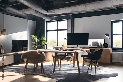 Cozy, Modern home office workplace with computer and desk, wooden floor, natural light, and rug with a big window view of the city