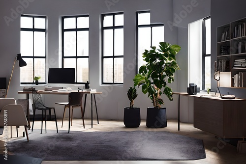 Cozy, Modern home office workplace with computer and desk, wooden floor, natural light, and rug with a big window view of the city