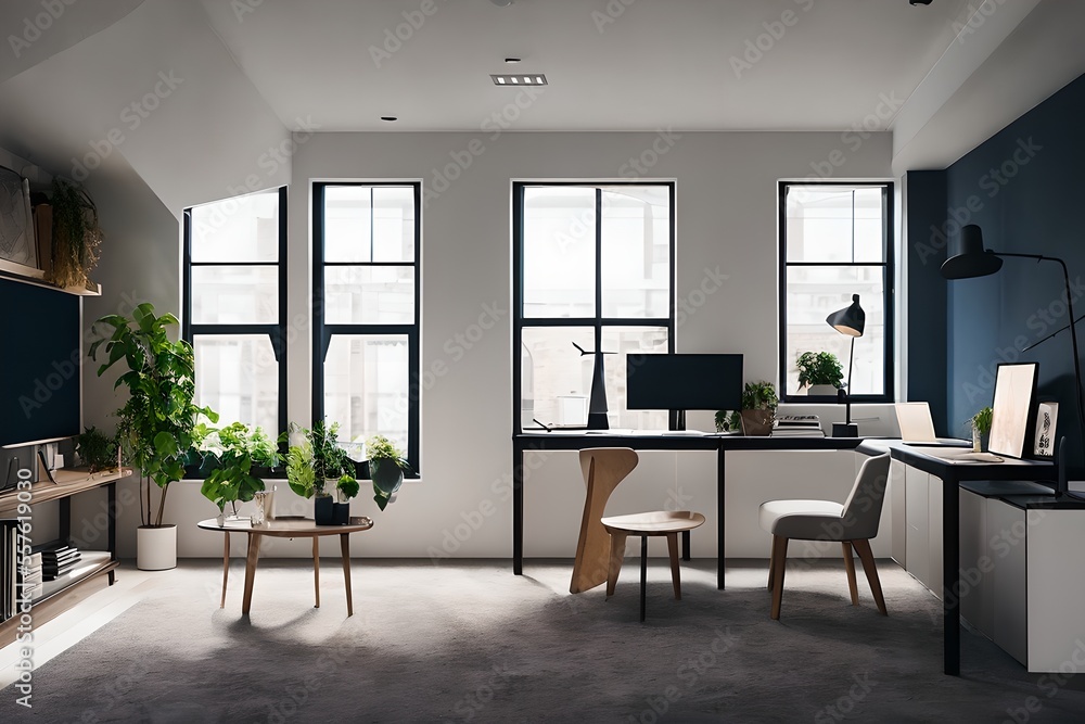 Cozy, Modern home office workplace with computer and desk, wooden floor, natural light, and rug with a big window view of the city Cozy, Modern home office workplace with computer and desk, wooden floor, natural light, and rug with a big window view of the city