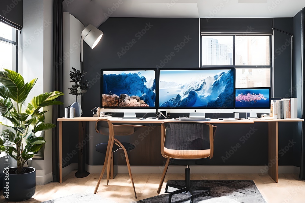 Cozy, Modern home office workplace with computer and desk, wooden floor, natural light, and rug with a big window view of the city Cozy, Modern home office workplace with computer and desk, wooden floor, natural light, and rug with a big window view of the city