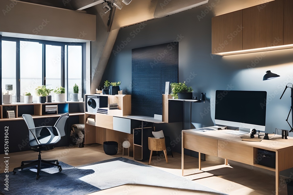 Cozy, Modern home office workplace with computer and desk, wooden floor, natural light, and rug with a big window view of the city Cozy, Modern home office workplace with computer and desk, wooden floor, natural light, and rug with a big window view of the city