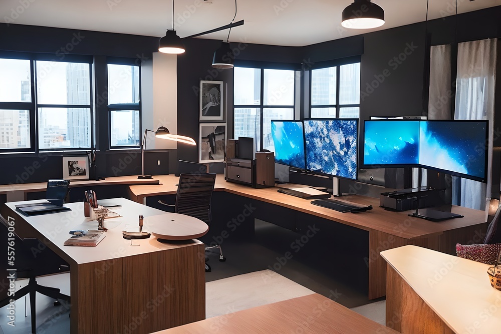 Cozy, Modern home office workplace with computer and desk, wooden floor, natural light, and rug with a big window view of the city Cozy, Modern home office workplace with computer and desk, wooden floor, natural light, and rug with a big window view of the city
