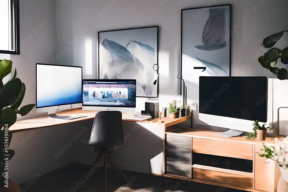 Cozy, Modern home office workplace with computer and desk, wooden floor, natural light, and rug with a big window view of the city Cozy, Modern home office workplace with computer and desk, wooden floor, natural light, and rug with a big window view of the city