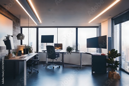 Cozy  Modern home office workplace with computer and desk  wooden floor  natural light  and rug with a big window view of the city