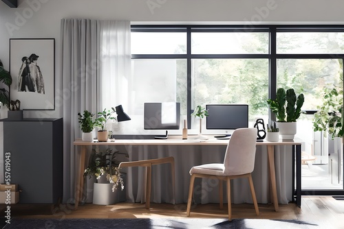 Cozy  Modern home office workplace with computer and desk  wooden floor  natural light  and rug with a big window view of the city