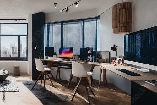 Cozy  Modern home office workplace with computer and desk  wooden floor  natural light  and rug with a big window view of the city