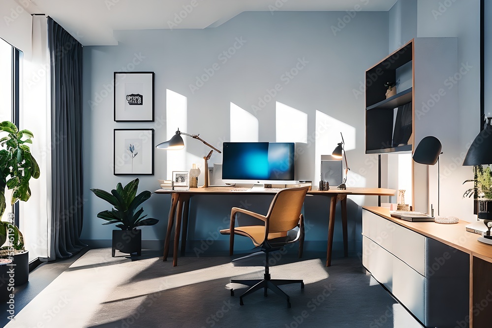 Cozy, Modern home office workplace with computer and desk, wooden floor, natural light, and rug with a big window view of the city
Cozy, Modern home office workplace with computer and desk, wooden floor, natural light, and rug with a big window view of the city