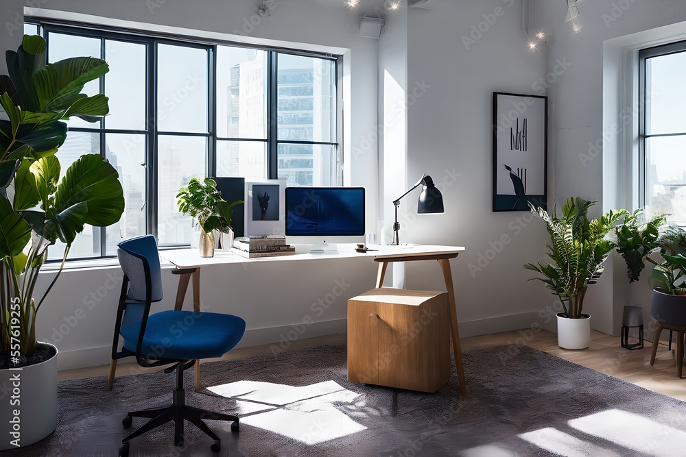 Fototapeta premium Cozy, Modern home office workplace with computer and desk, wooden floor, natural light, and rug with a big window view of the city 