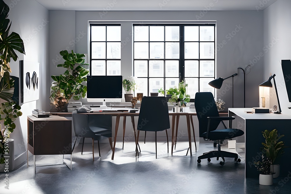 Cozy, Modern home office workplace with computer and desk, wooden floor, natural light, and rug with a big window view of the city
