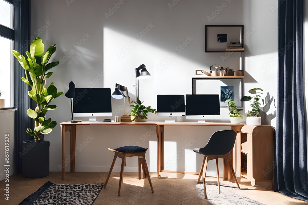 Cozy, Modern home office workplace with computer and desk, wooden floor, natural light, and rug with a big window view of the city
Cozy, Modern home office workplace with computer and desk, wooden floor, natural light, and rug with a big window view of the city