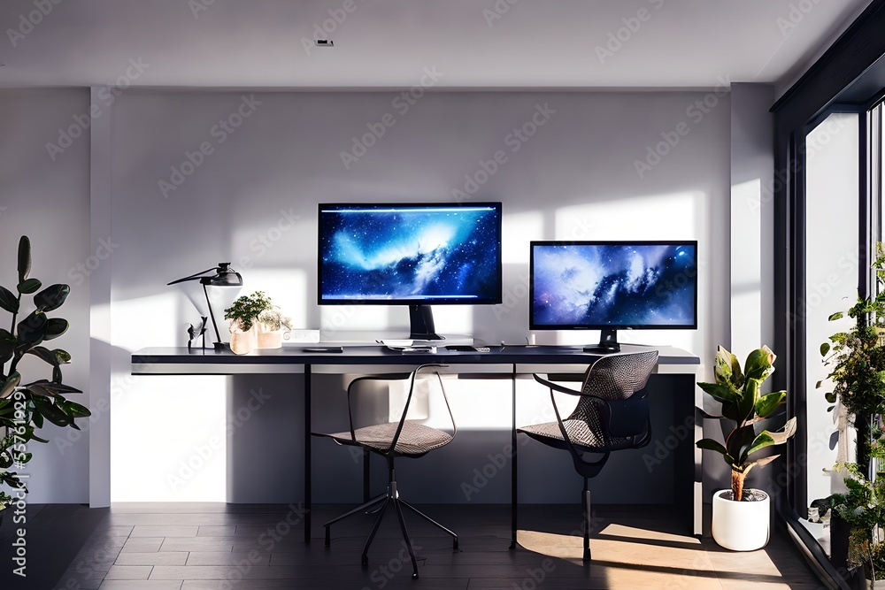 Fototapeta premium Cozy, Modern home office workplace with computer and desk, wooden floor, natural light, and rug with a big window view of the city 
