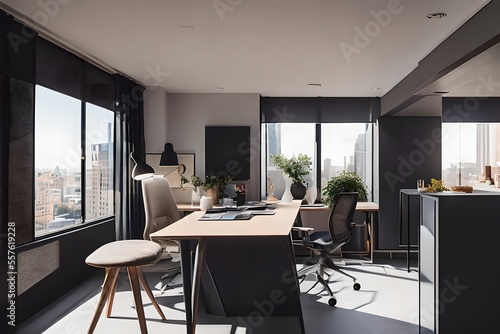 Cozy  Modern home office workplace with computer and desk  wooden floor  natural light  and rug with a big window view of the city 