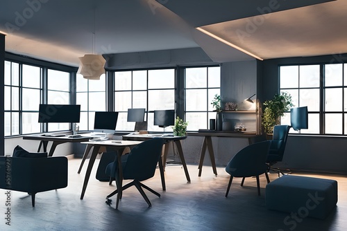 Wallpaper Mural Cozy, Modern home office workplace with computer and desk, wooden floor, natural light, and rug with a big window view of the city
 Torontodigital.ca