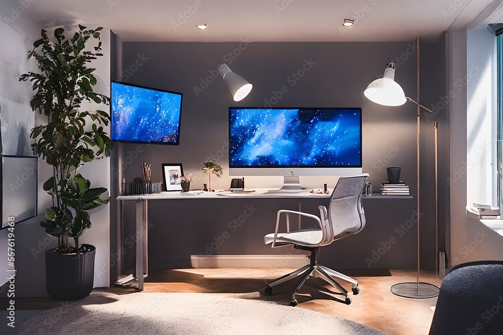 Cozy, Modern home office workplace with computer and desk, wooden floor, natural light, and rug with a big window view of the city
Cozy, Modern home office workplace with computer and desk, wooden floor, natural light, and rug with a big window view of the city