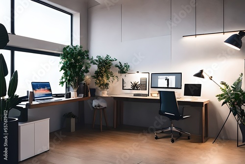 Cozy, Modern home office workplace with computer and desk, wooden floor, natural light, and rug with a big window view of the city
