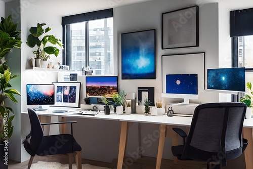 Cozy, Modern home office workplace with computer and desk, wooden floor, natural light, and rug with a big window view of the city 