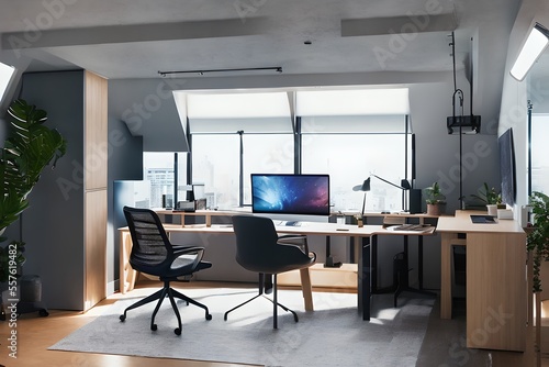 Cozy, Modern home office workplace with computer and desk, wooden floor, natural light, and rug with a big window view of the city 