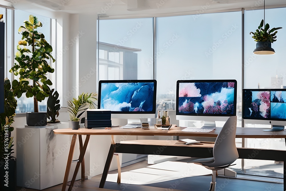 Cozy, Modern home office workplace with computer and desk, wooden floor, natural light, and rug with a big window view of the city Cozy, Modern home office workplace with computer and desk, wooden floor, natural light, and rug with a big window view of the city