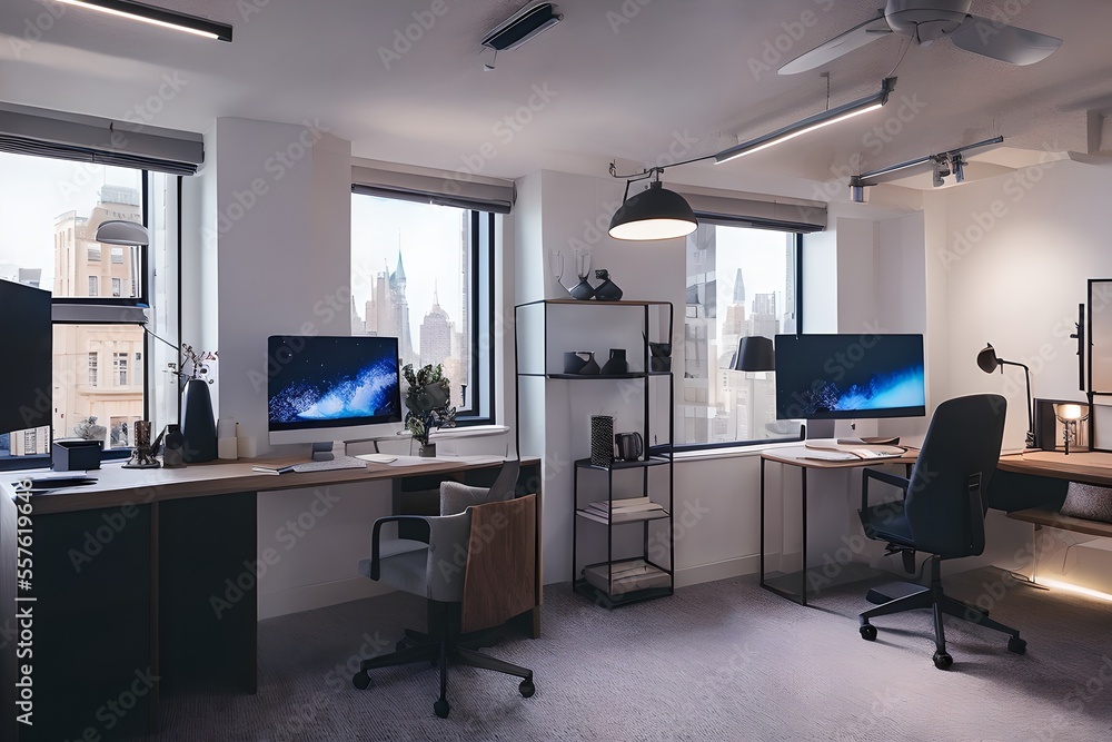 Cozy, Modern home office workplace with computer and desk, wooden floor, natural light, and rug with a big window view of the city