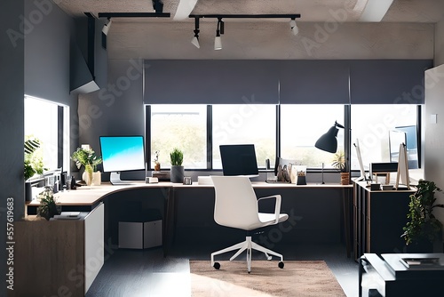 Cozy, Modern home office workplace with computer and desk, wooden floor, natural light, and rug with a big window view of the city