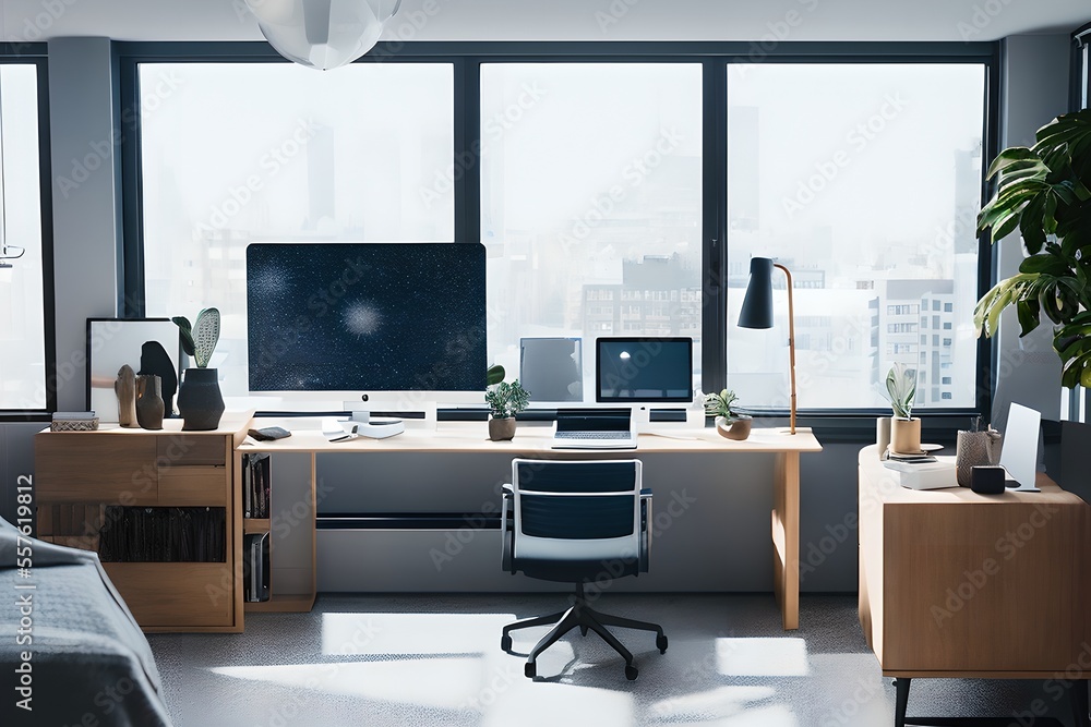 Cozy, Modern home office workplace with computer and desk, wooden floor, natural light, and rug with a big window view of the city Cozy, Modern home office workplace with computer and desk, wooden floor, natural light, and rug with a big window view of the city